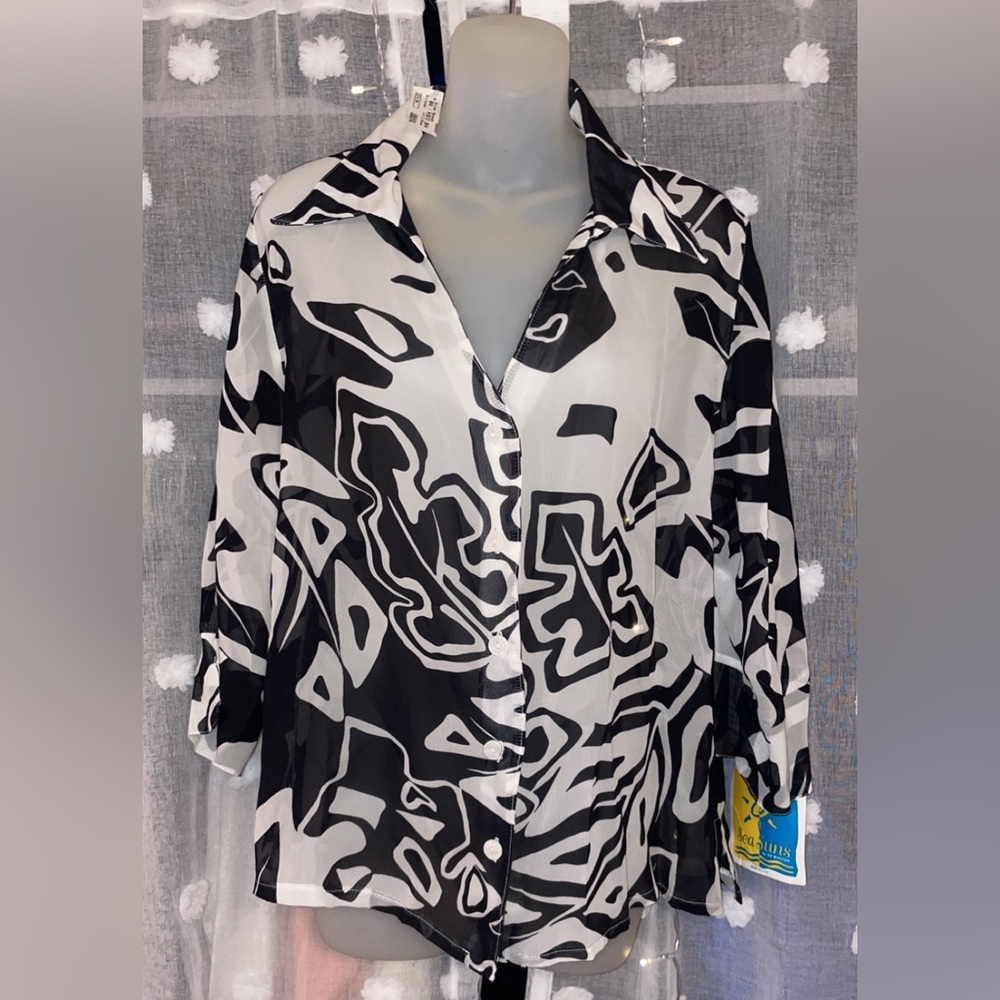 RARE VINTAGE SEA SUN SILVER THREAD BLACK & WHITE BUTTON UP BLOUSE | LARGE | NWT